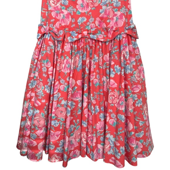 Laura Ashley Vtg 90s Floral Bow Dress Size 10 Pink Red Cotton Crinoline Skirt - Picture 3 of 14